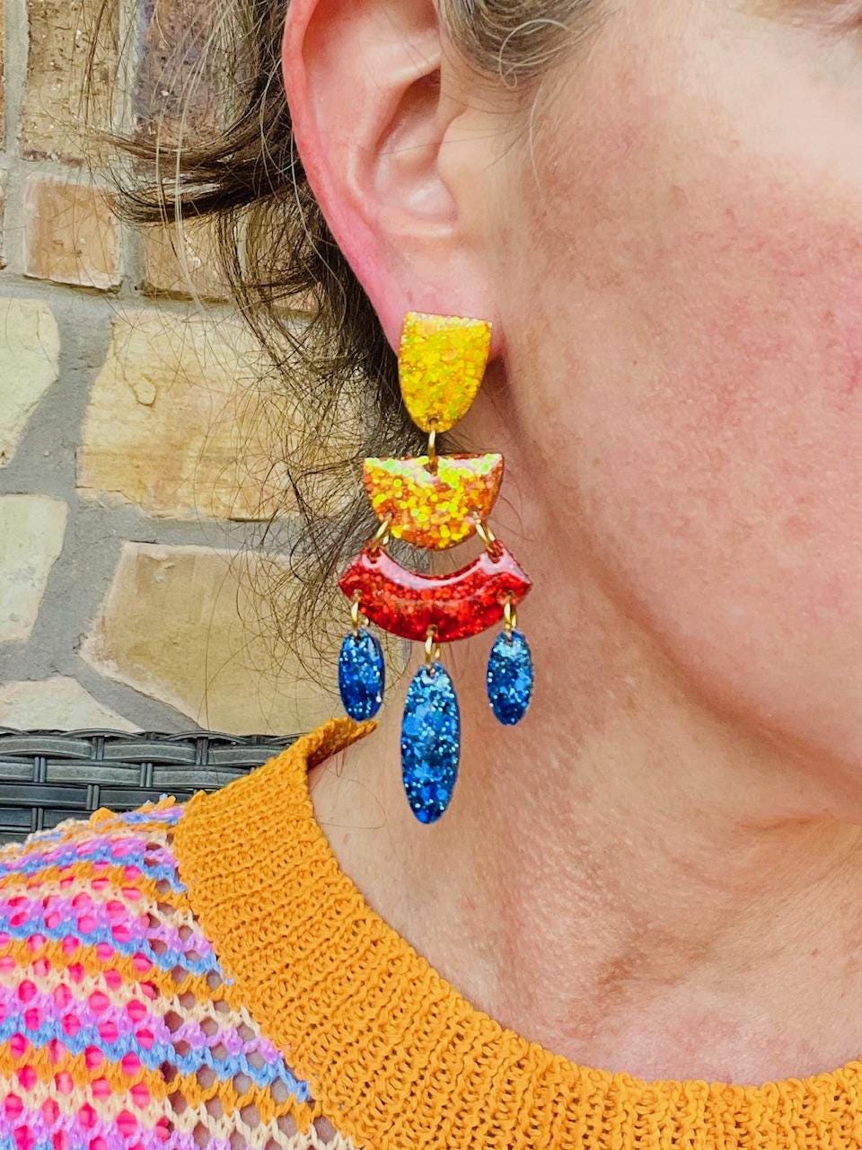 Game Day Chandelier glitter resin earring - handcrafted - handmade jewelry