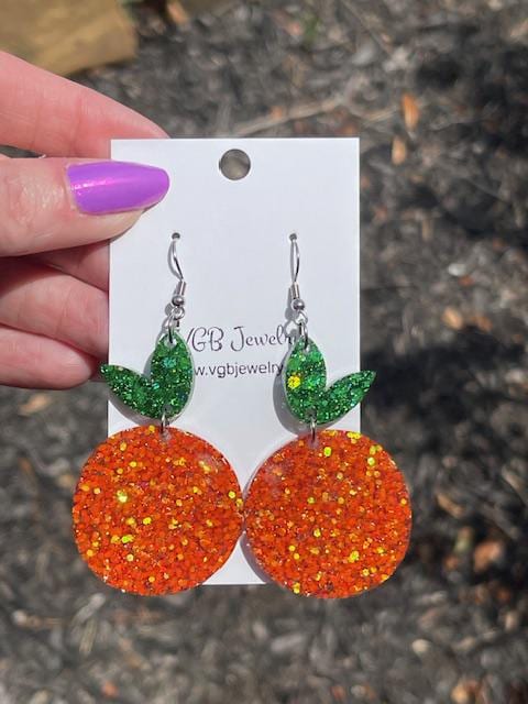 Orange Dangle Earrings – Glitter Resin Statement Jewelry – Handmade Fruit inspired Accessories