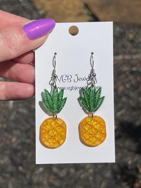 Tropical Pineapple glitter resin earrings - handcrafted fruit inspired earrings - handmade jewelry