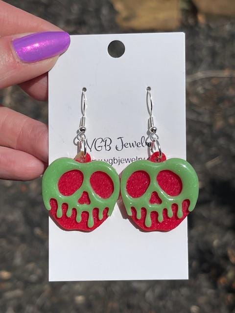 Glow-in-the-Dark Dripping Apple Earrings – Resin Halloween Dangles – Glitter or Mica Finish – Spooky Handmade Jewelry
