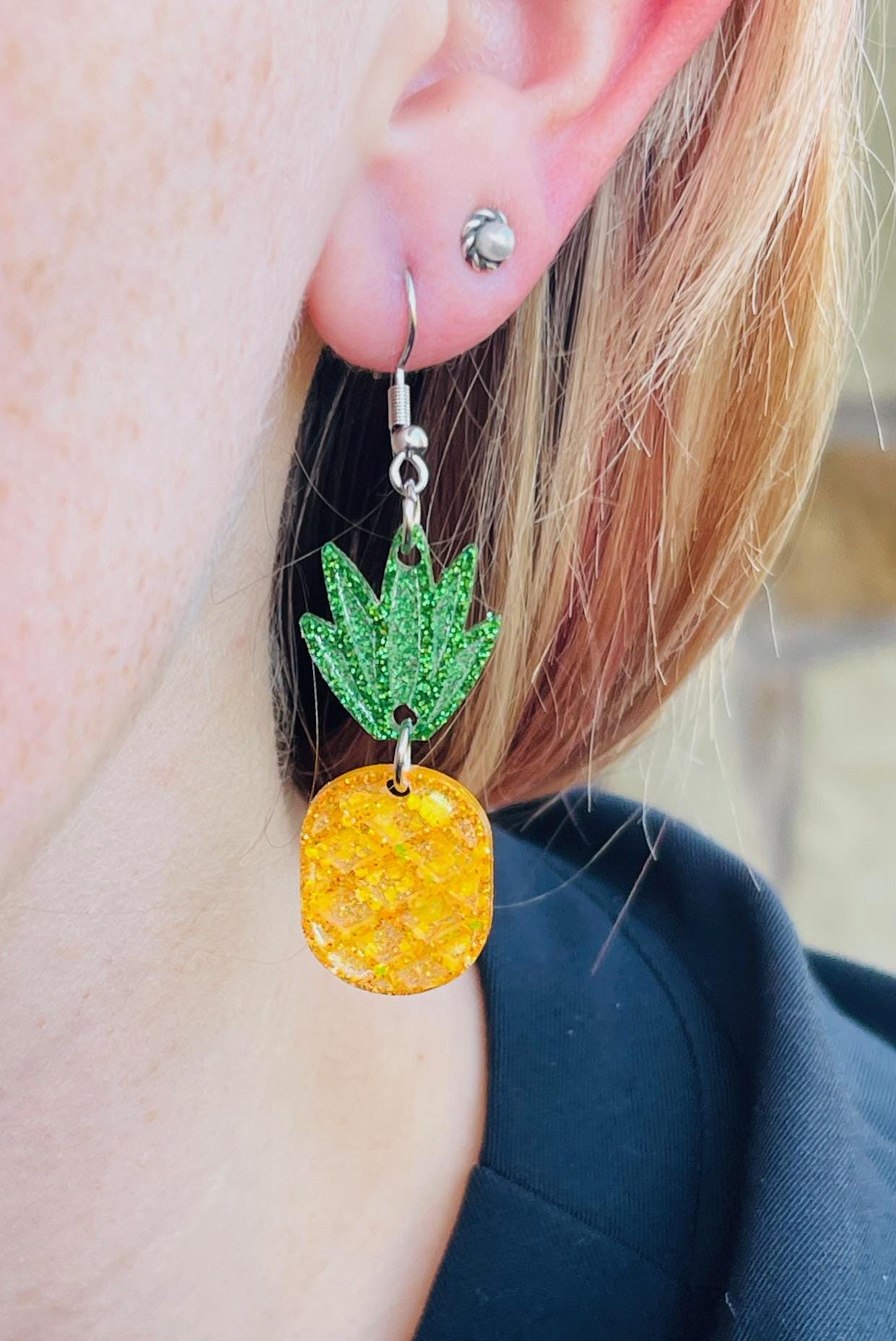 Tropical Pineapple glitter resin earrings - handcrafted fruit inspired earrings - handmade jewelry