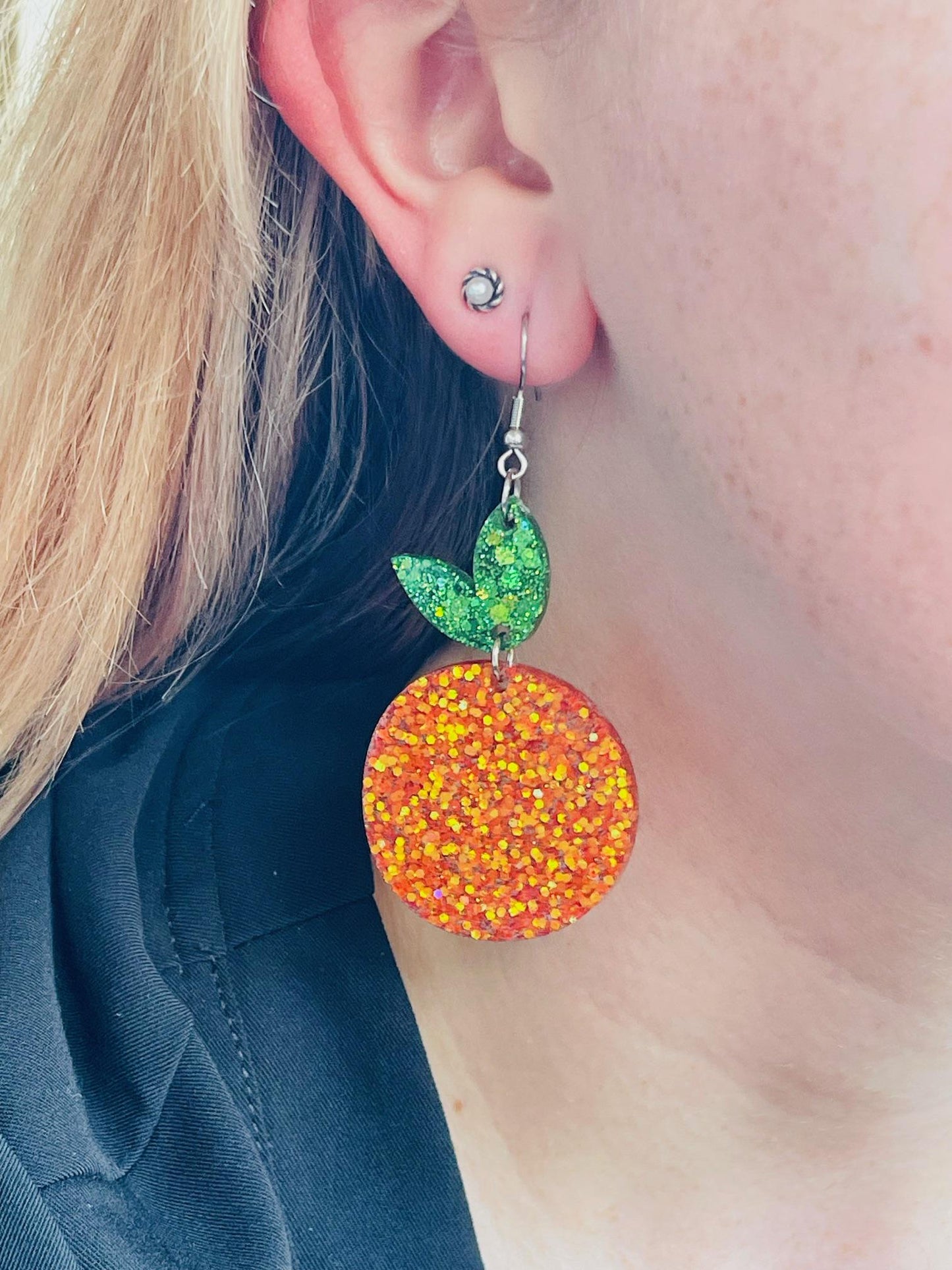 Orange Dangle Earrings – Glitter Resin Statement Jewelry – Handmade Fruit inspired Accessories