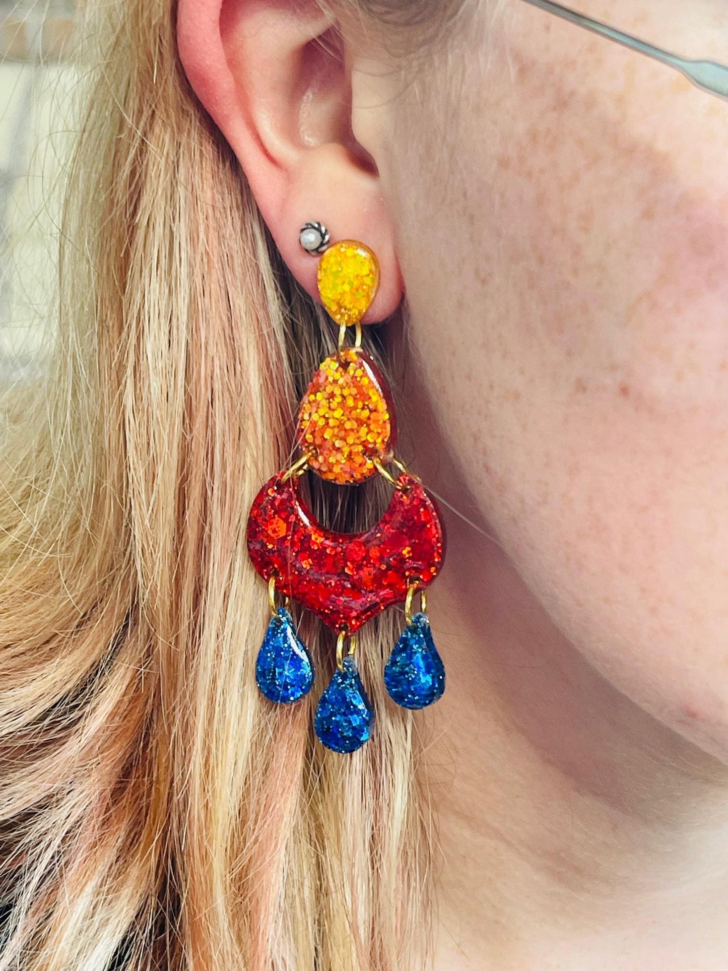 Game Day Chandelier glitter resin earring - handcrafted - handmade jewelry