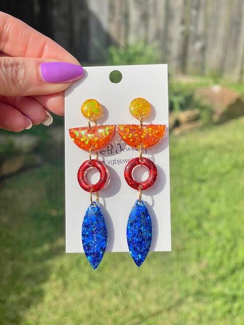 Game Day Color Block glitter resin earring - handcrafted - handmade jewelry