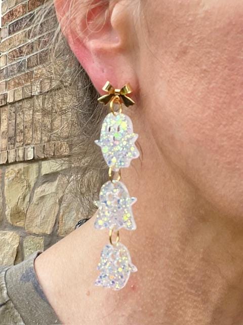 Halloween Glitter Resin Ghost Earrings with Gold Bow Posts