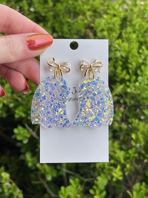 Cute Halloween glitter ghost earrings with gold bow post