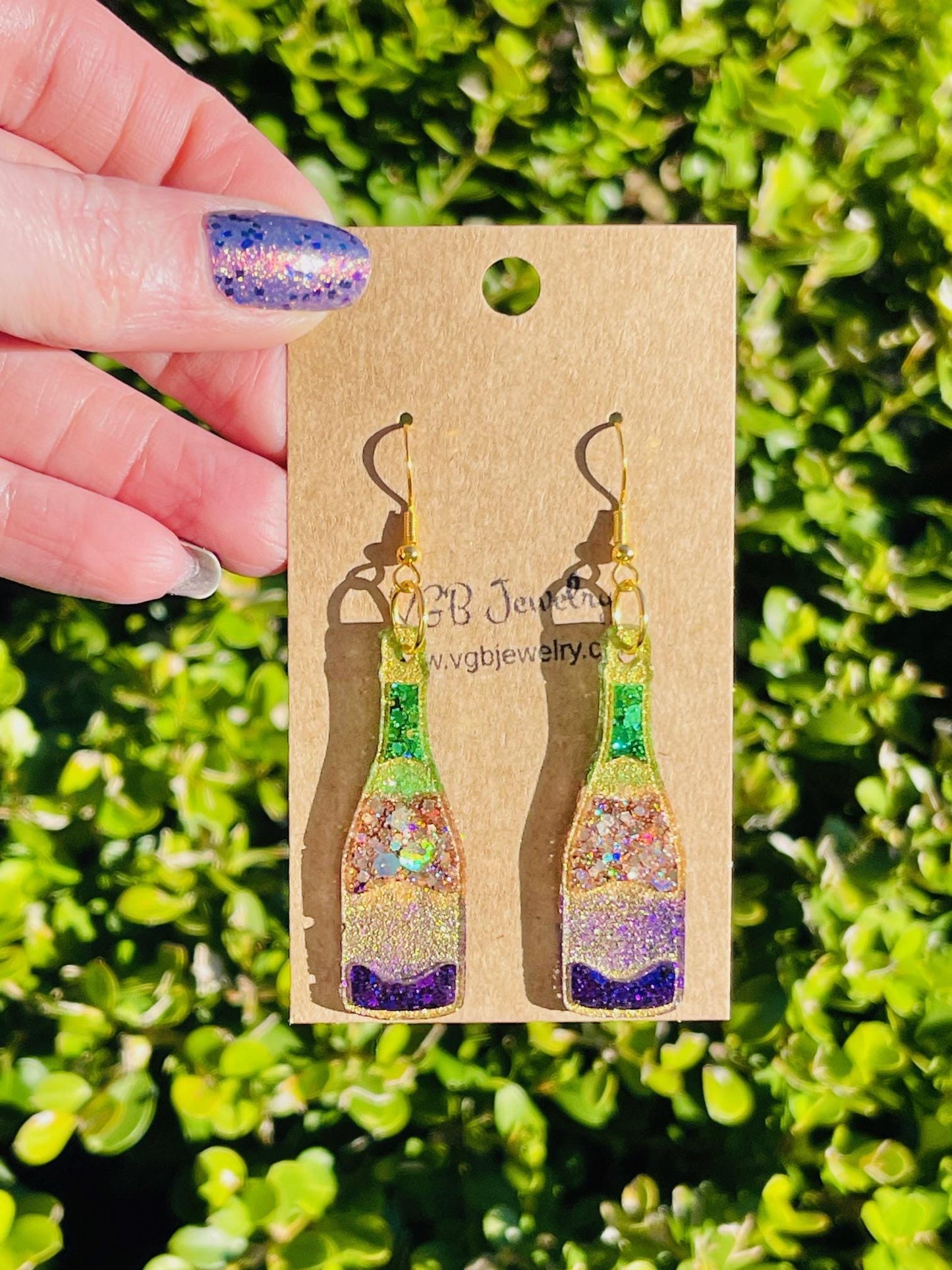 Mardi Gras Champagne bottle resin earrings - hand made Fat Tuesday - handcrafted