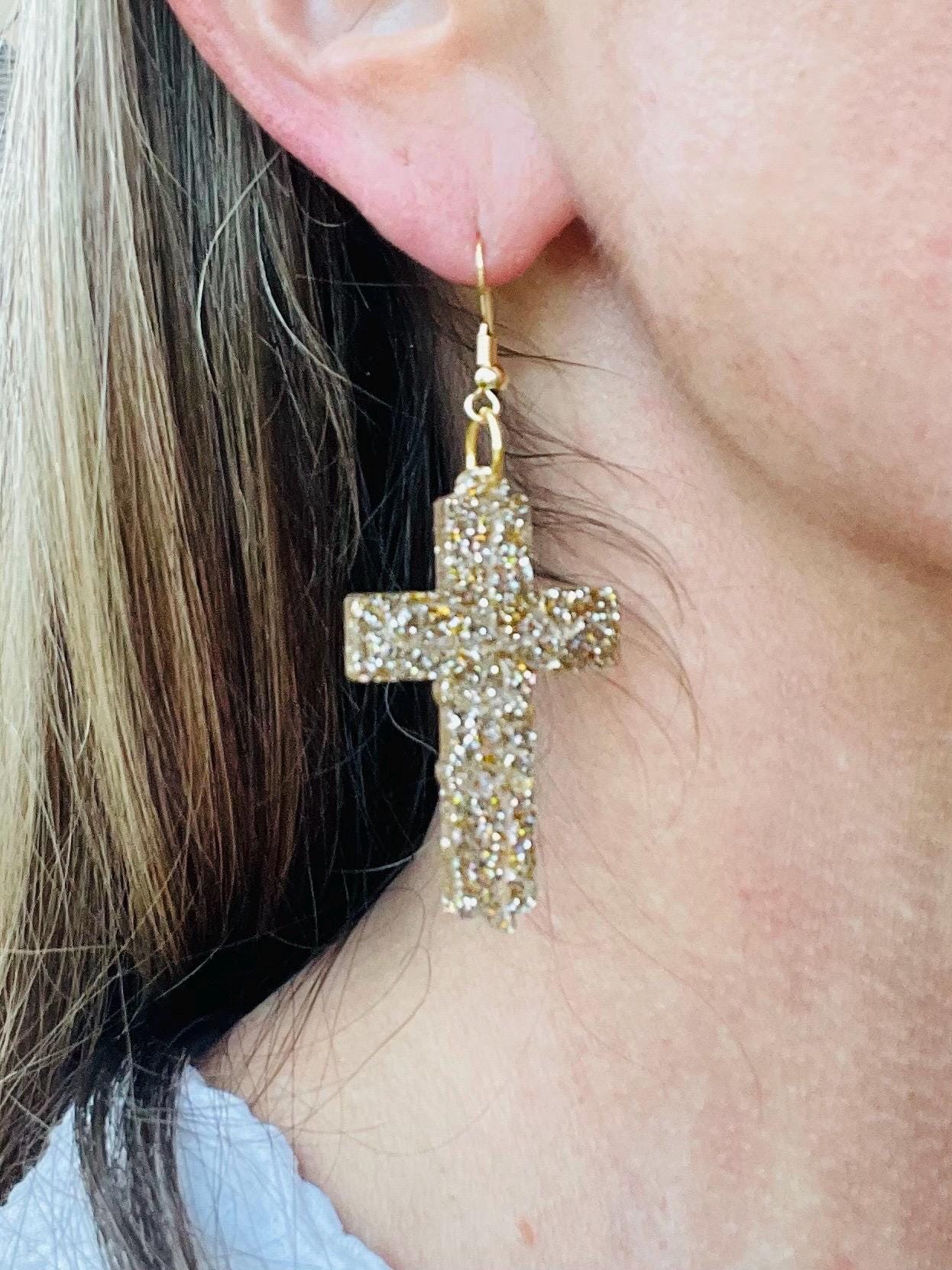 Sparkly cross earring engraved with “Jesus” - Ornate Cross glitter resin earrings