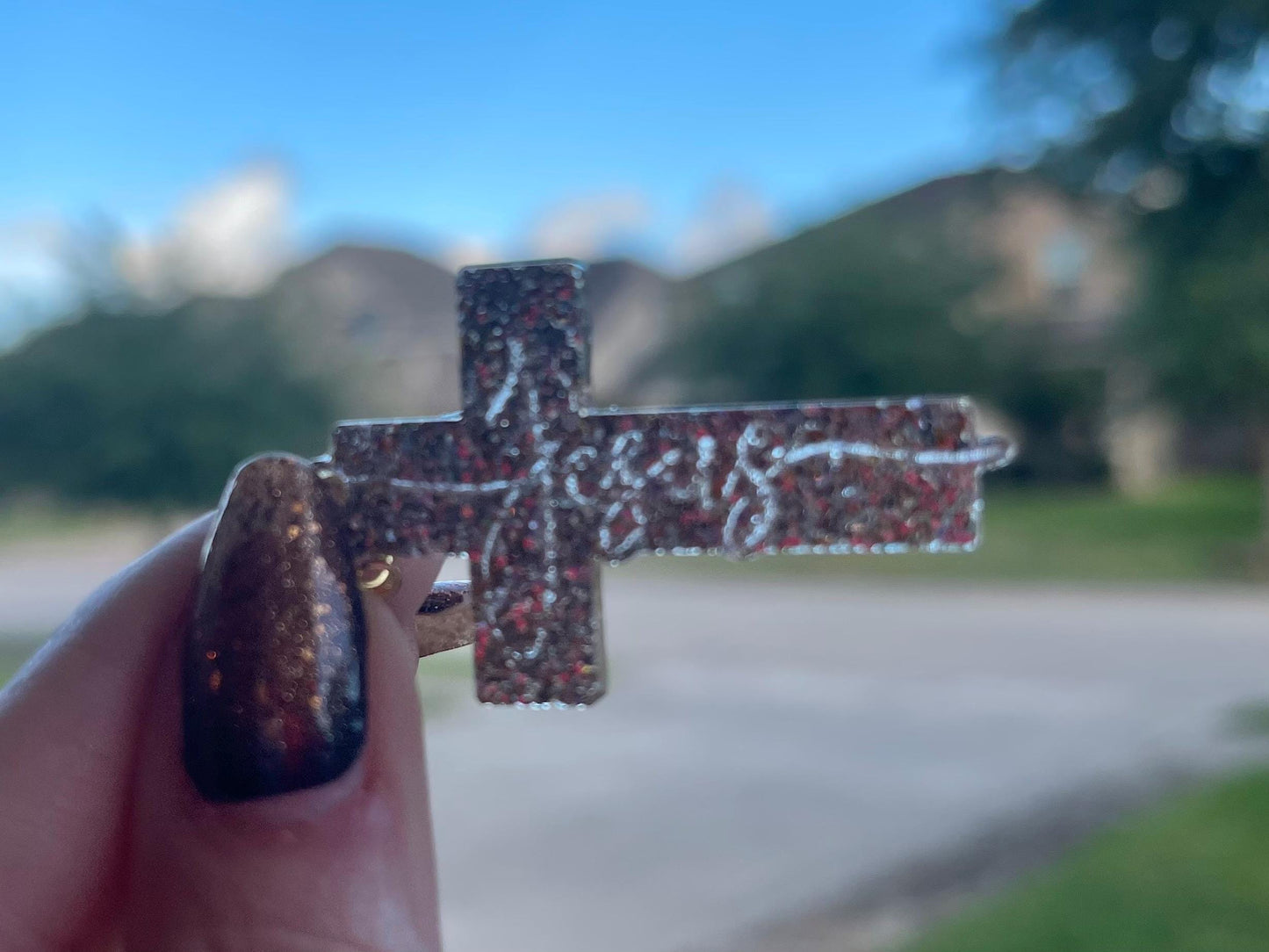 Sparkly cross earring engraved with “Jesus” - Ornate Cross glitter resin earrings