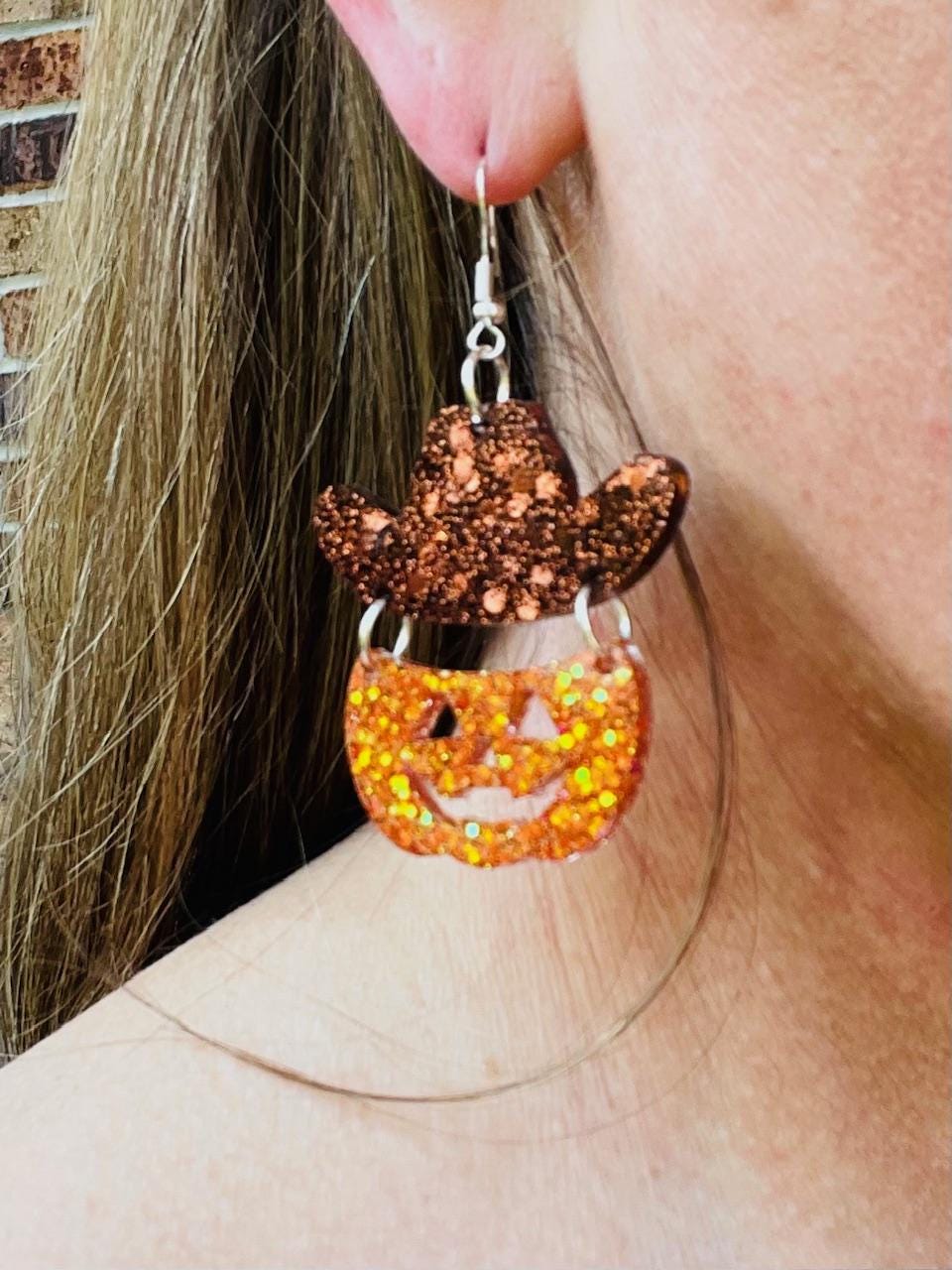 Cowboy Pumpkin Earrings | Glitter Resin Jack-O’-Lantern Earrings | Western Halloween Earrings | Fall Statement Jewelry Gift