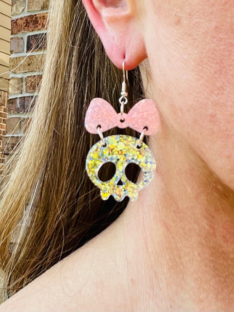 Girlie Ghost Earrings with bow | Glitter Resin ghost Earrings | Girlie Halloween Earrings | Fall Statement Jewelry Gift