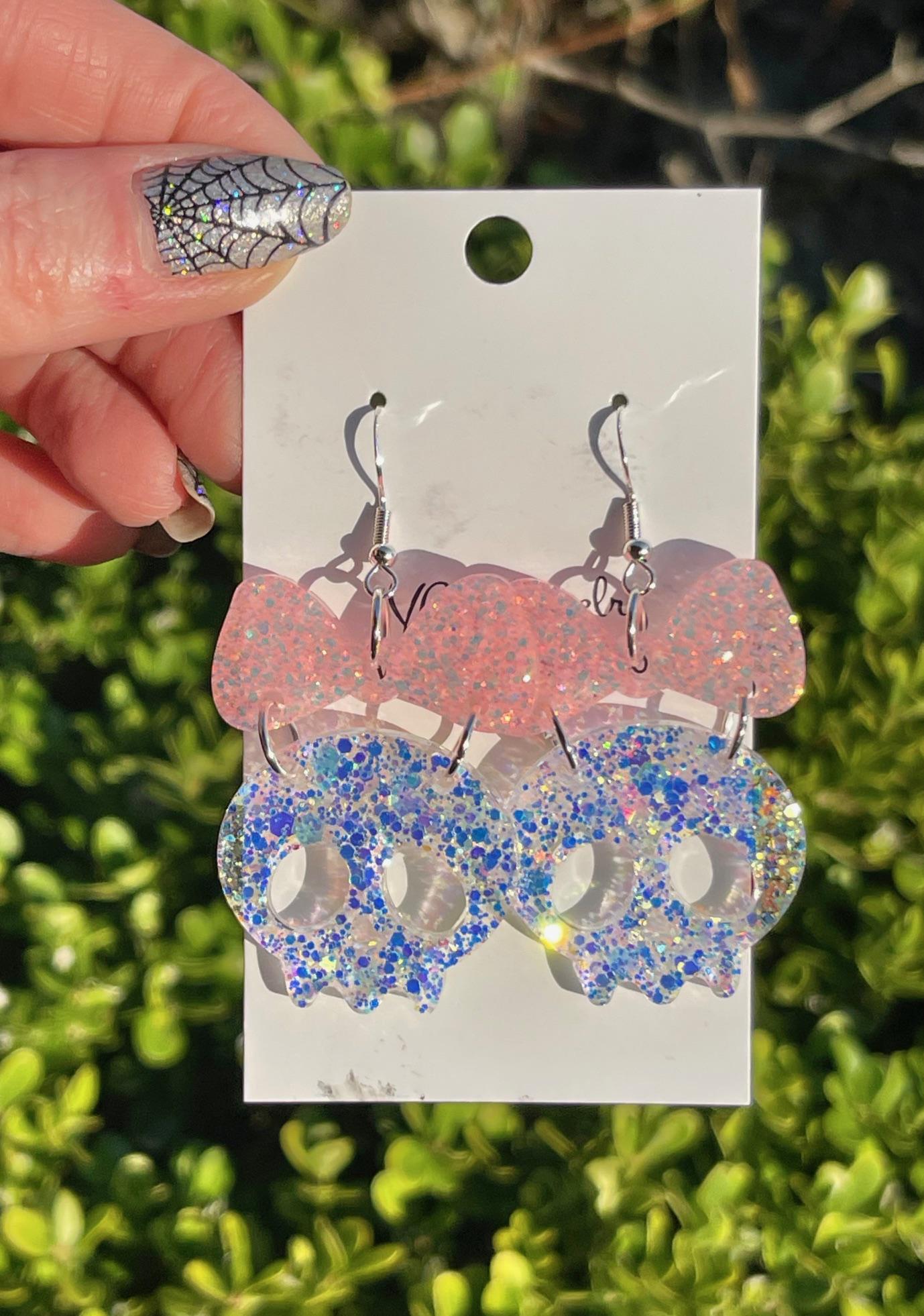 Girlie Ghost Earrings with bow | Glitter Resin ghost Earrings | Girlie Halloween Earrings | Fall Statement Jewelry Gift