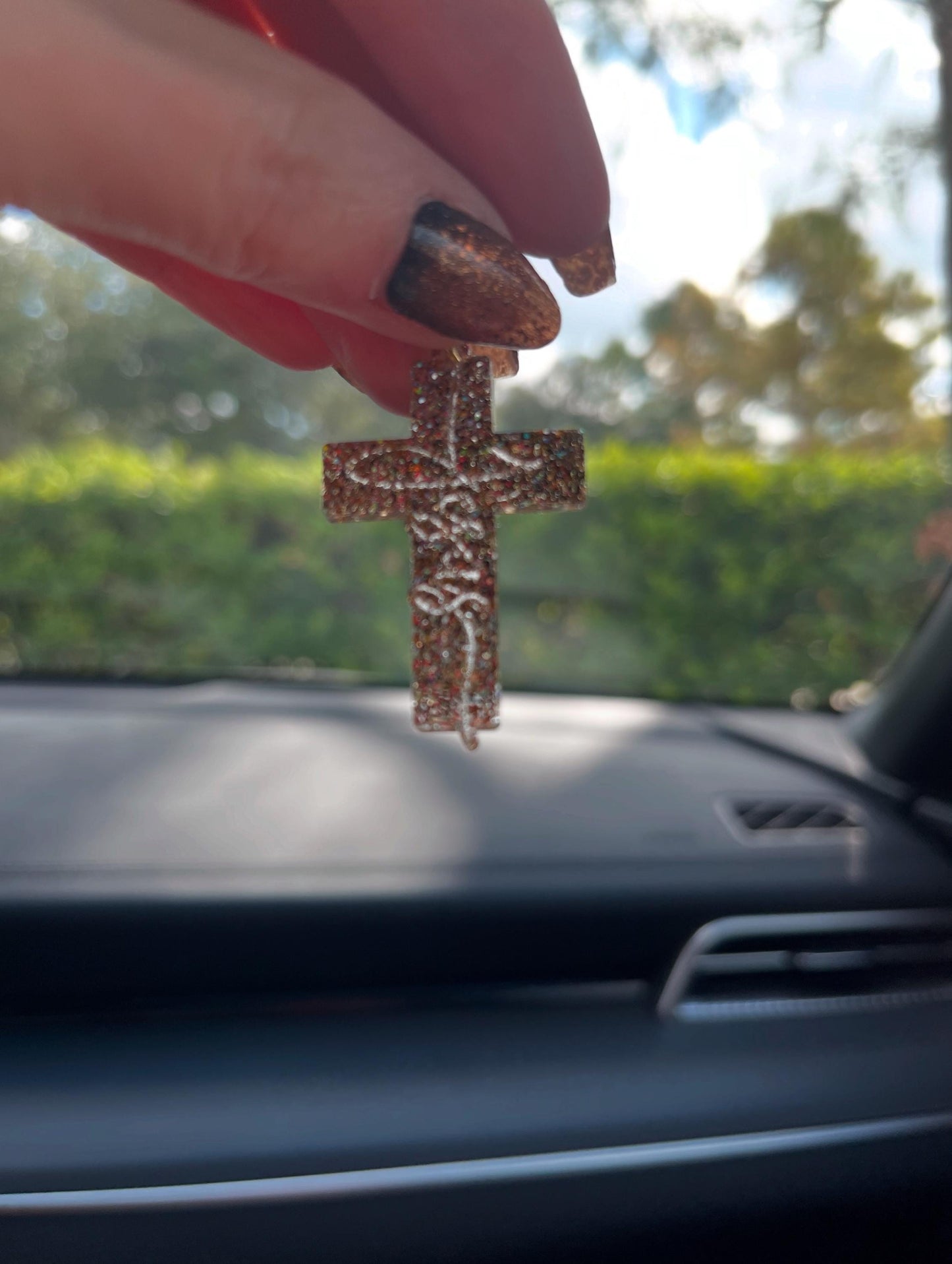 Sparkly cross earring engraved with “Jesus” - Ornate Cross glitter resin earrings