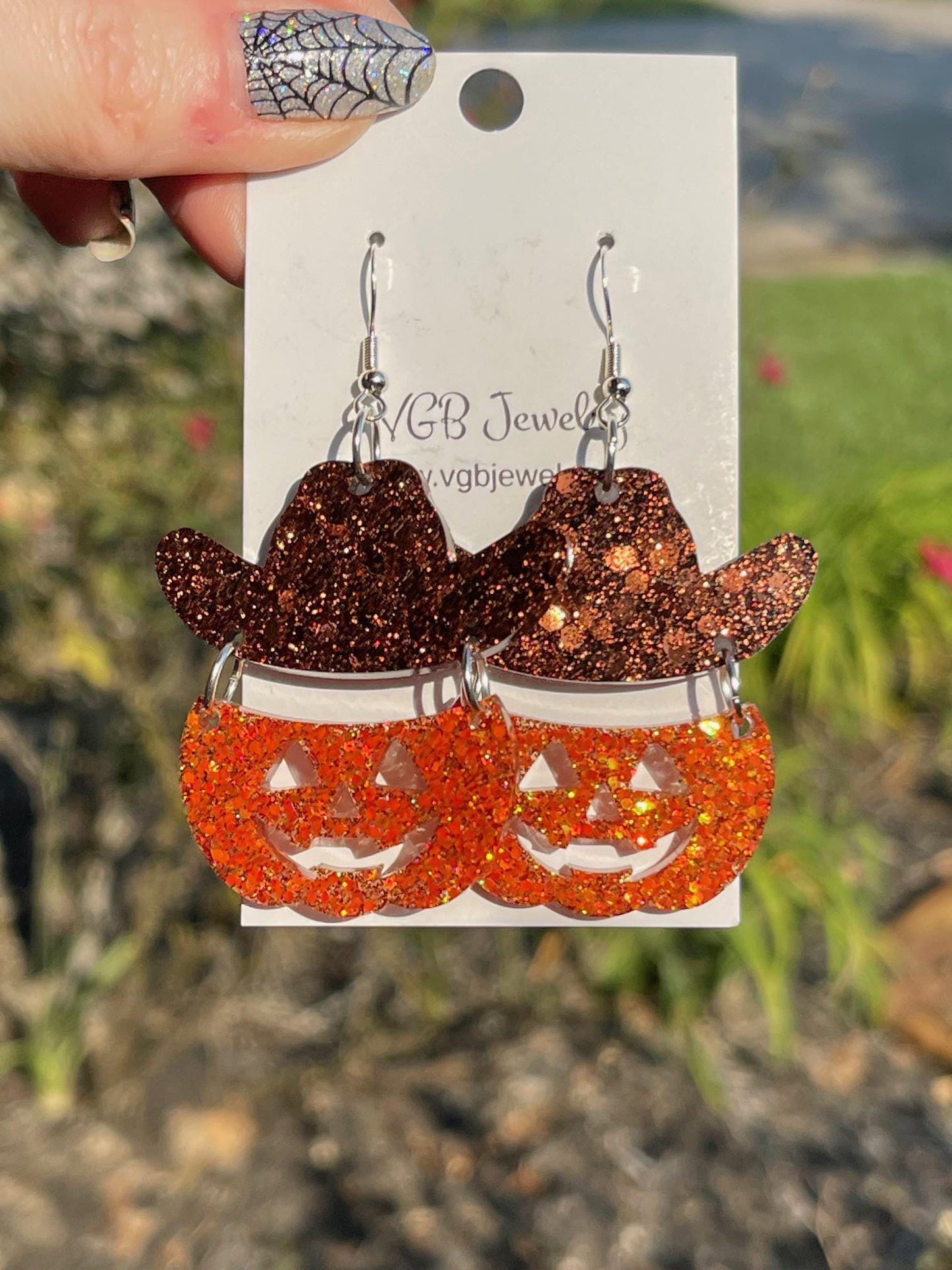 Cowboy Pumpkin Earrings | Glitter Resin Jack-O’-Lantern Earrings | Western Halloween Earrings | Fall Statement Jewelry Gift