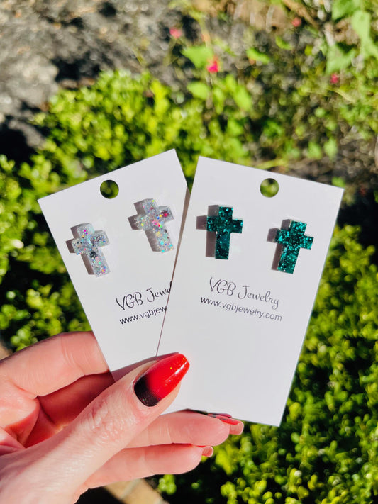 Sparkly cross stud earrings - Gold or Silver Cross glitter resin stud earrings - handmade jewelry
