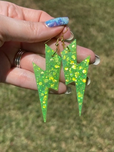 Neon, glow-in-the-dark Lightning bolt resin earrings