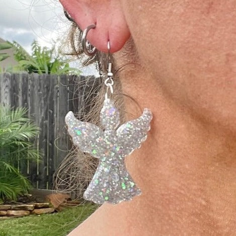 Christmas Angel glitter resin earrings - gold, silver or white