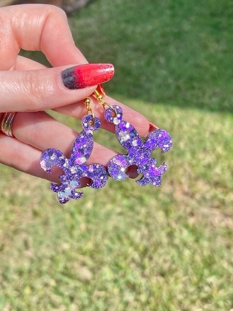 Purple and Gold Fleur de lis resin earrings