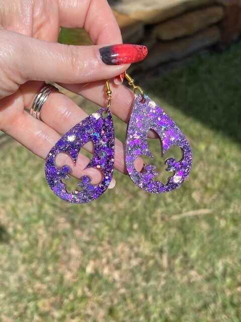 LSU Purple & Gold Fleur de lis resin earrings