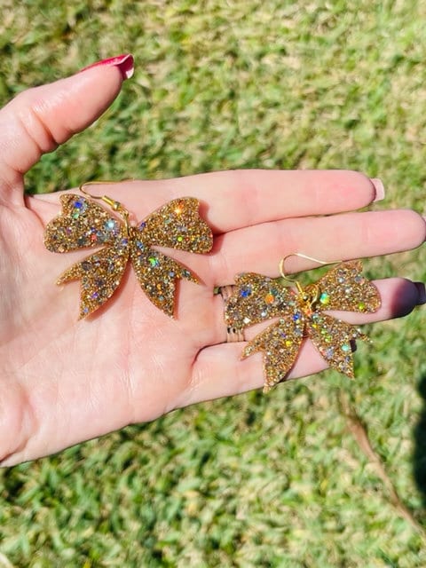 Glitter ribbon resin earrings- Bow earrings