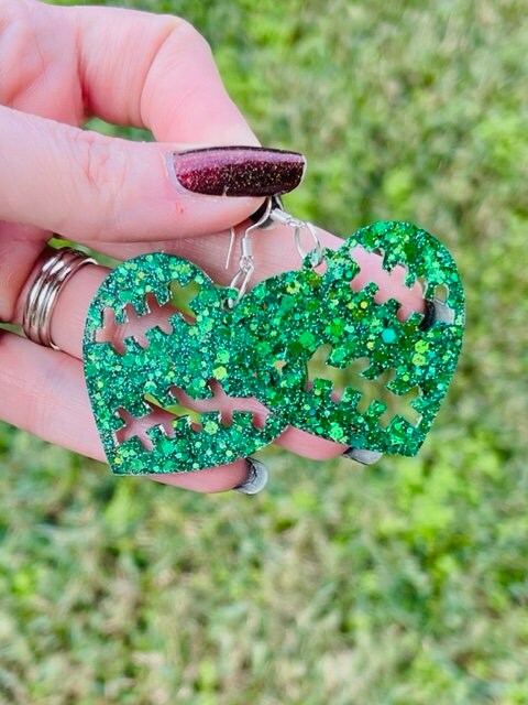 Lightweight baseball heart glitter resin earrings