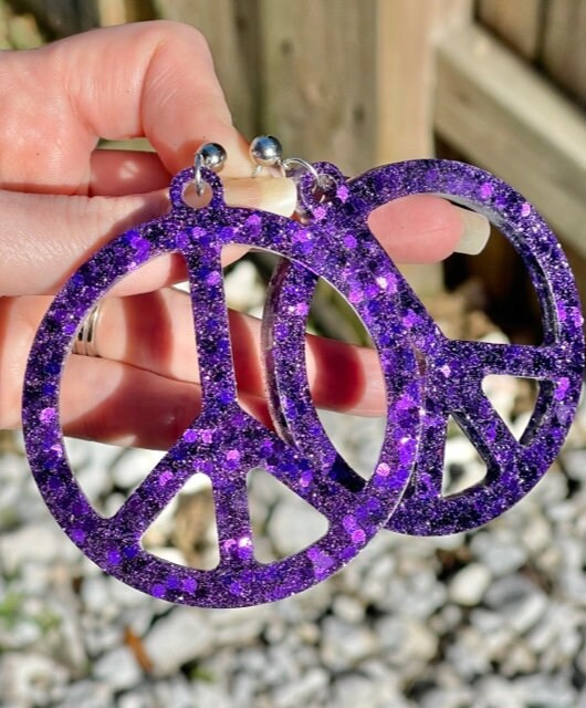 Large Glitter Resin Peace sign earrings