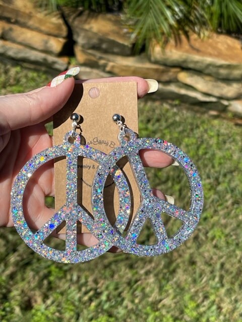 Large Glitter Resin Peace sign earrings