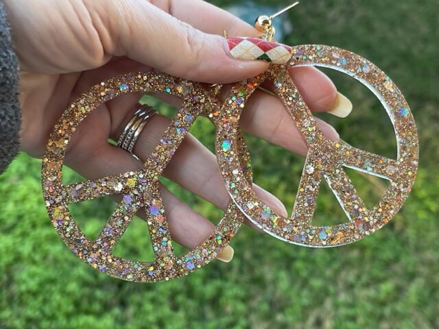 Large Glitter Resin Peace sign earrings