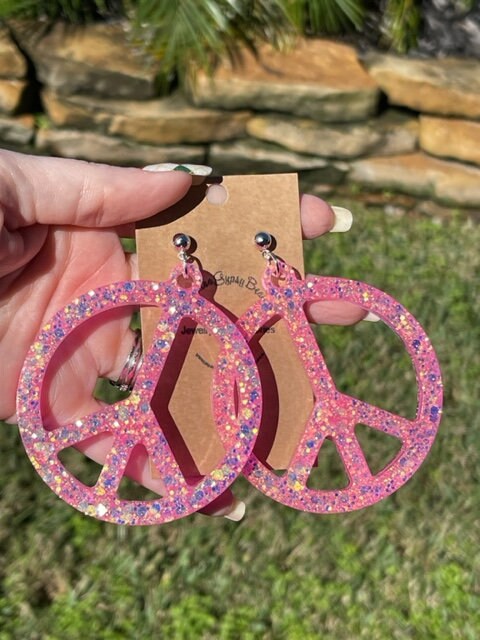 Large Glitter Resin Peace sign earrings