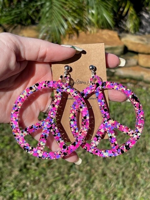 Large Glitter Resin Peace sign earrings