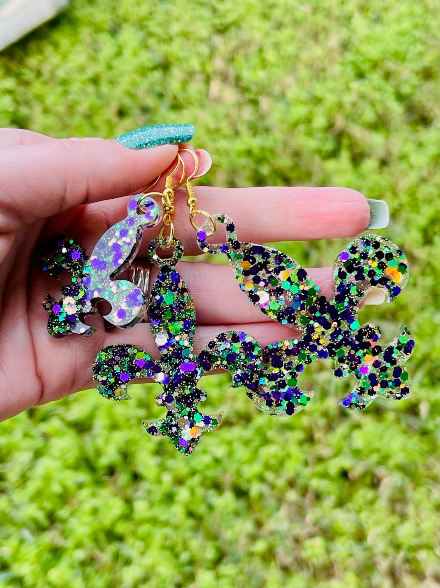 Fleur de lis Mardi Gras resin earrings - Fat Tuesday - handcrafted - 3 sizes