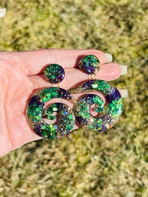 Mardi Gras resin earrings - handcrafted - glittery handmade earring