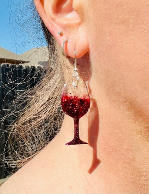 Wine glass glitter resin earrings - Merlot, Chardonnay, or Mimosa