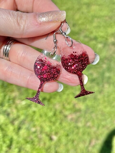Wine glass glitter resin earrings - Merlot, Chardonnay, or Mimosa