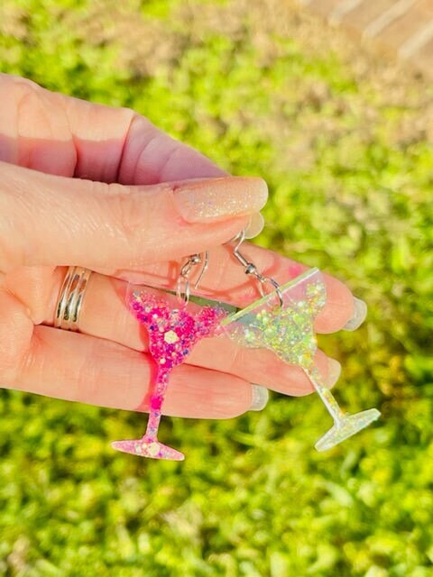Margarita or Cosmo glass glitter resin earrings - Cinco de Mayo