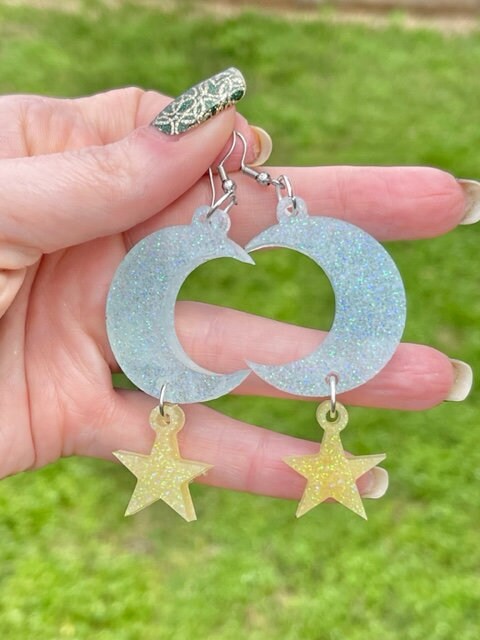 Moon and star glitter resin earrings