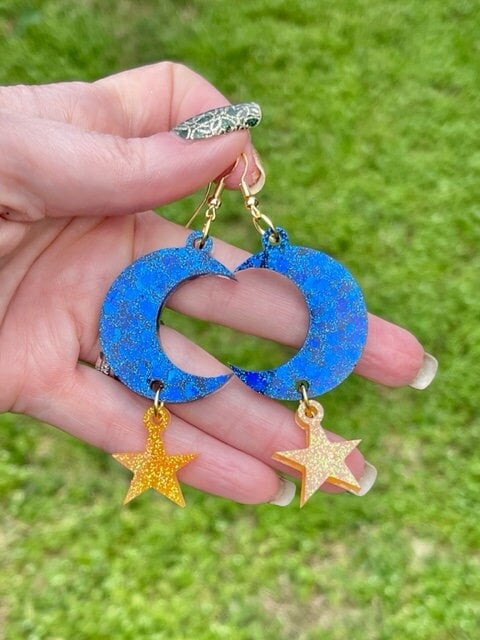 Moon and star glitter resin earrings