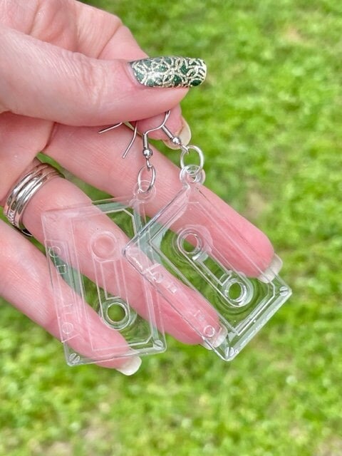 Cassette tape clear resin earrings