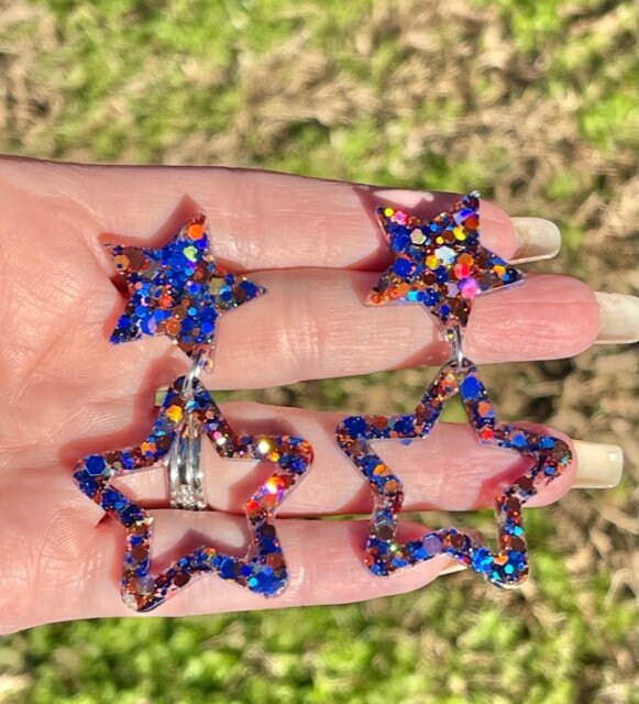Double Star dangle glitter resin earring