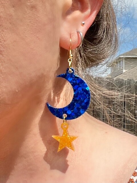 Moon and star glitter resin earrings