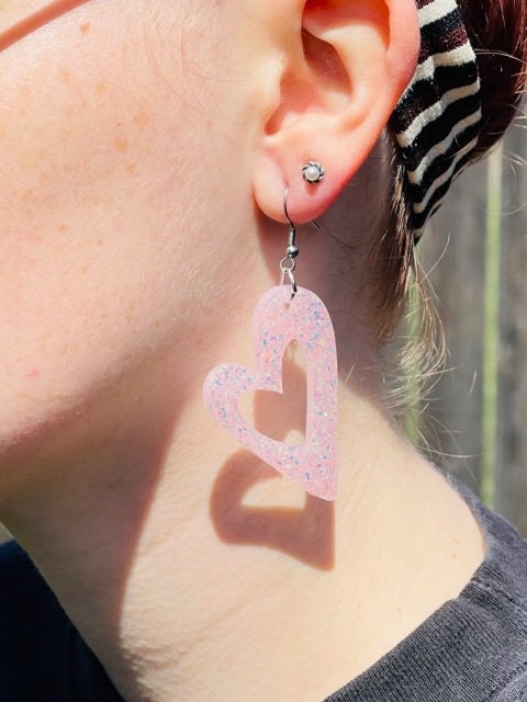 Sparkly Open Heart glitter resin earrings