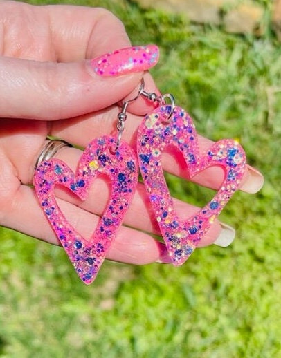 Sparkly Open Heart glitter resin earrings