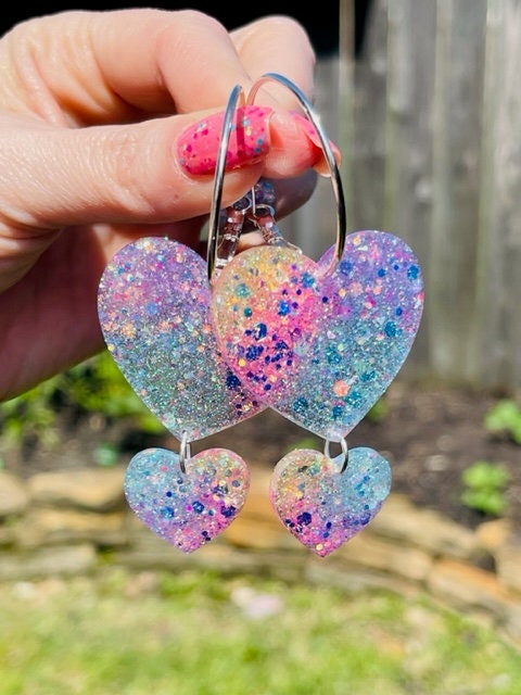 Double Heart Hoop glitter resin earrings