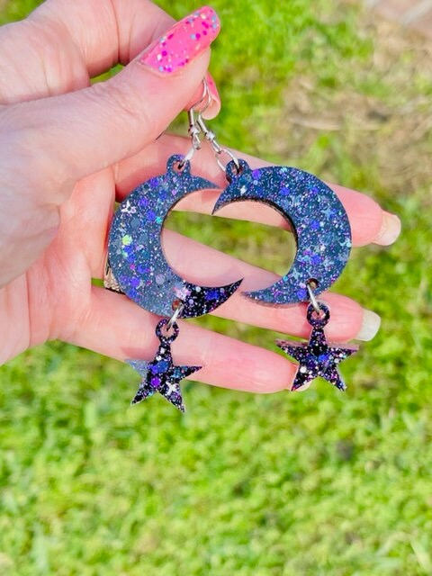 Moon and star glitter resin earrings