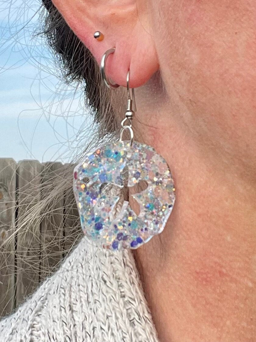 Sparkly sand dollar glitter resin earrings