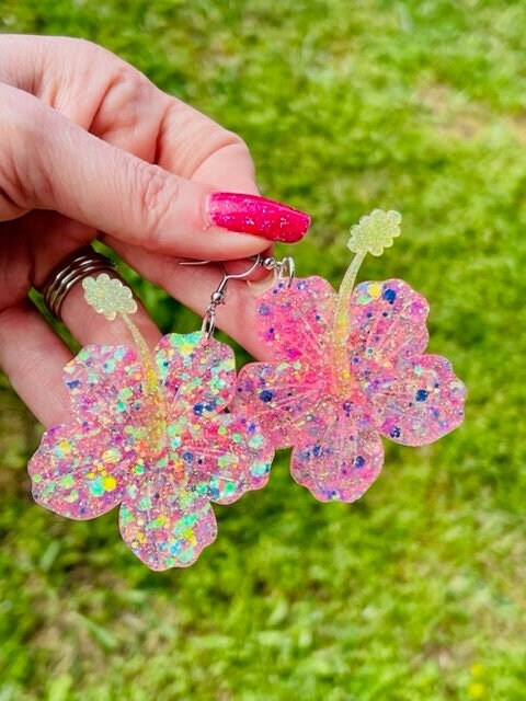 Sparkly Hibiscus glitter resin earrings
