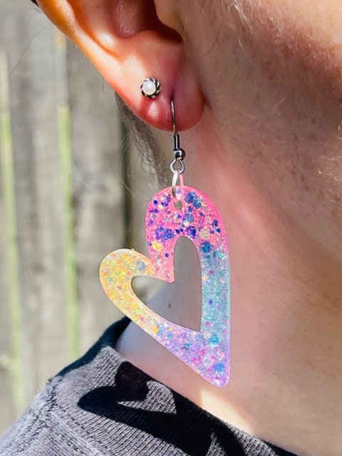 Sparkly Open Heart glitter resin earrings