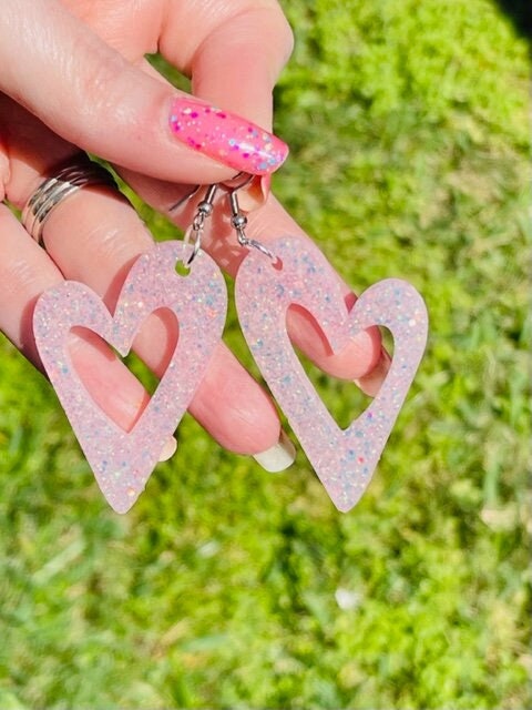 Sparkly Open Heart glitter resin earrings