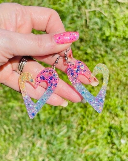 Sparkly Open Heart glitter resin earrings