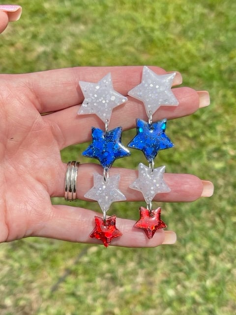 Red, white and blue Dangle Star glitter resin earrings